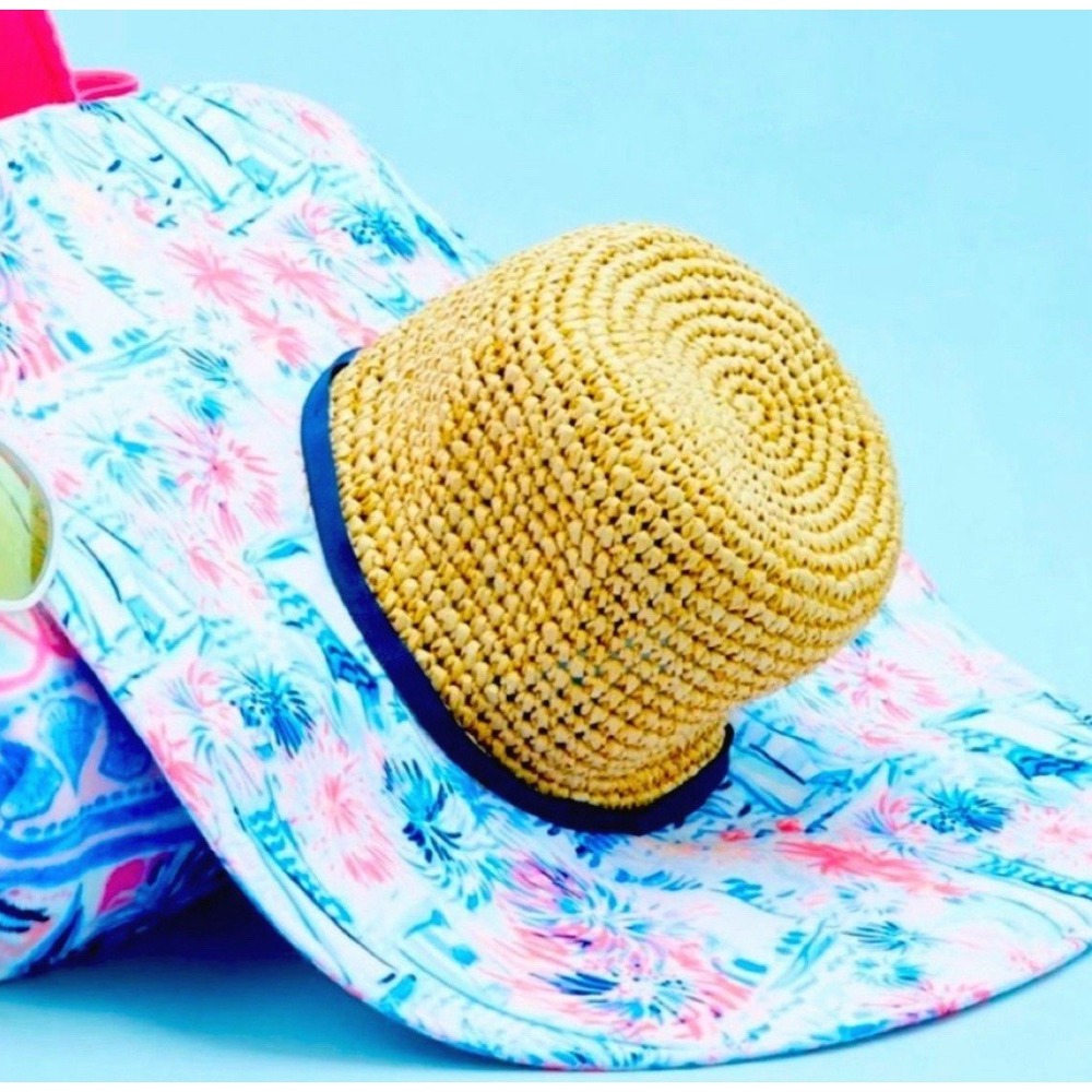 NWT Lilly Pulitzer Straw Fabric Floppy Beach Hat Blue Sea to Shining Sea OS